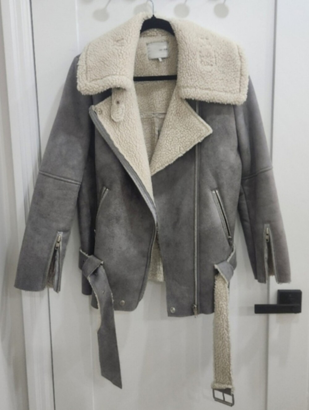 OAK + FORT Gray Suede Shearling Moto Jacket with Cream Sherpa
